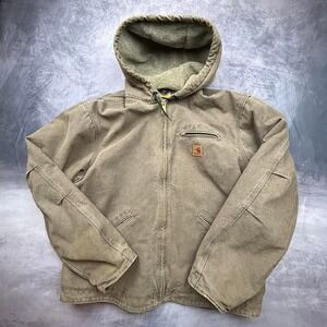 faded brown olive green insulated fleeced Carhartt jacket winter workwear